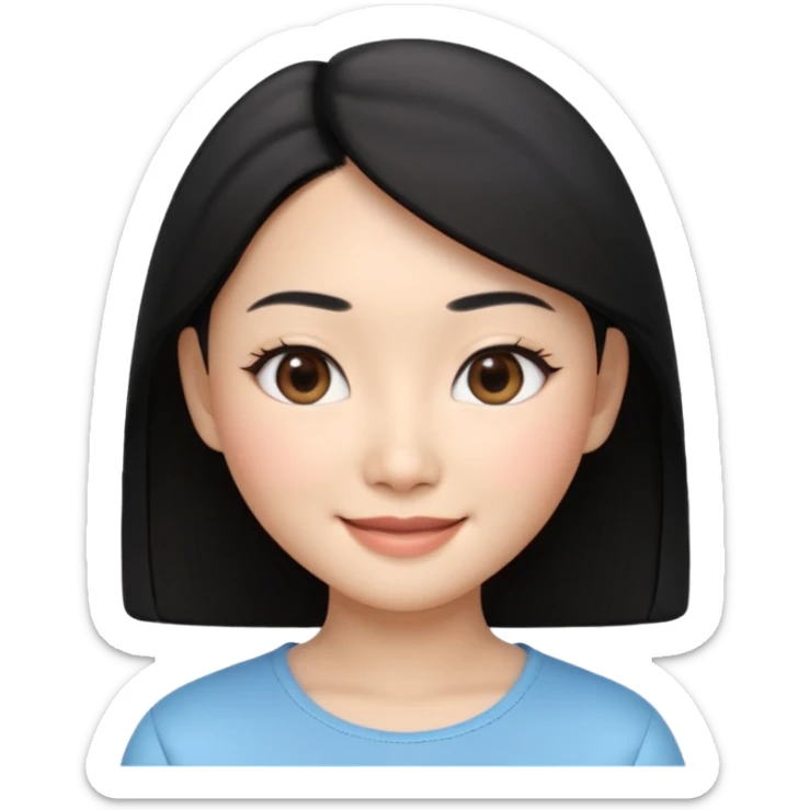 Apple Memoji style, young Asian woman, almond eyes, black hair,
smiling, smooth 3D render, soft gradients, white background,
square format, no text
 sticker