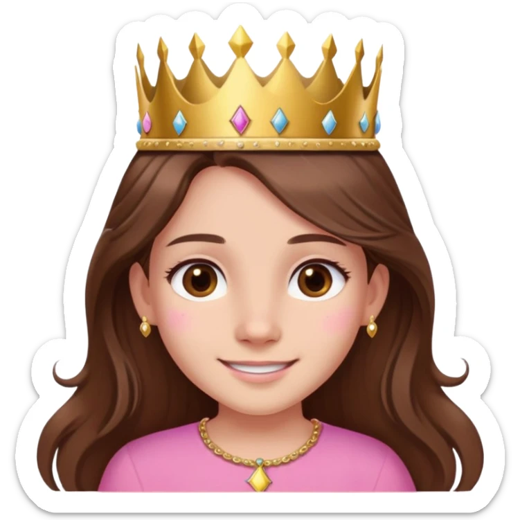 girl with long brown hair, brown eyes, wearing a pink shirt and a crown, with a birthmark on the left side of her nose, smiling, birthday theme sticker