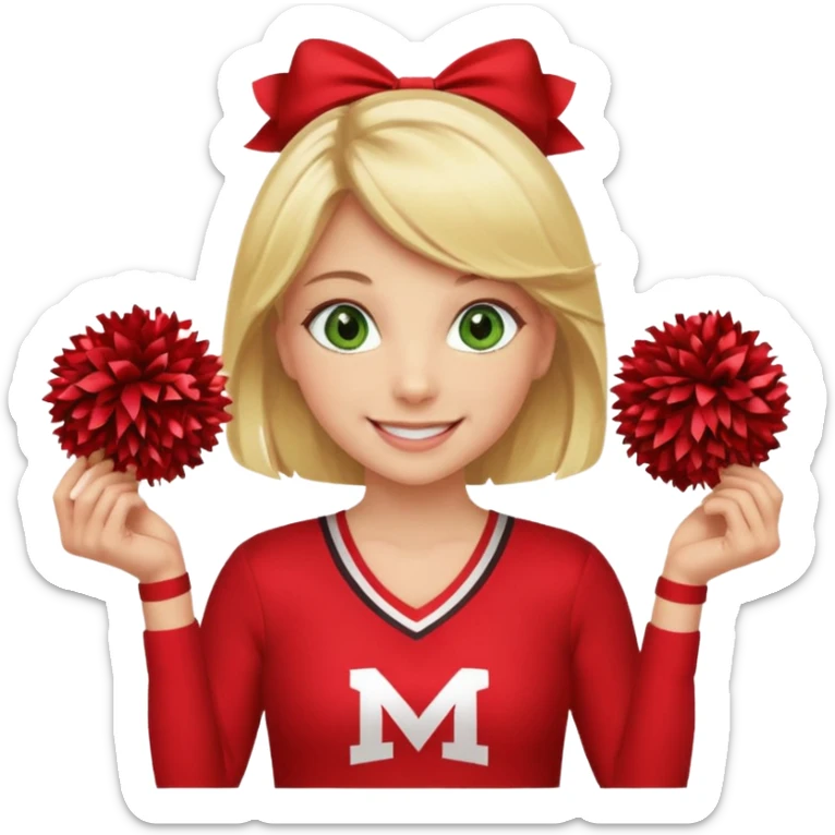 Cheerleading red uniform pom-poms blonde hair green eyes smiling  sticker