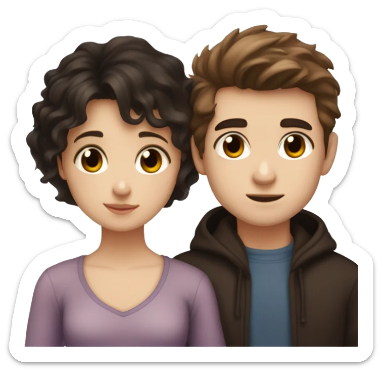 A dark brown straight haired girl with hazel eyes and pale skin beside a poofy haired super dark-haired boy with brown eyes and pale skin, they are  cuddling sticker