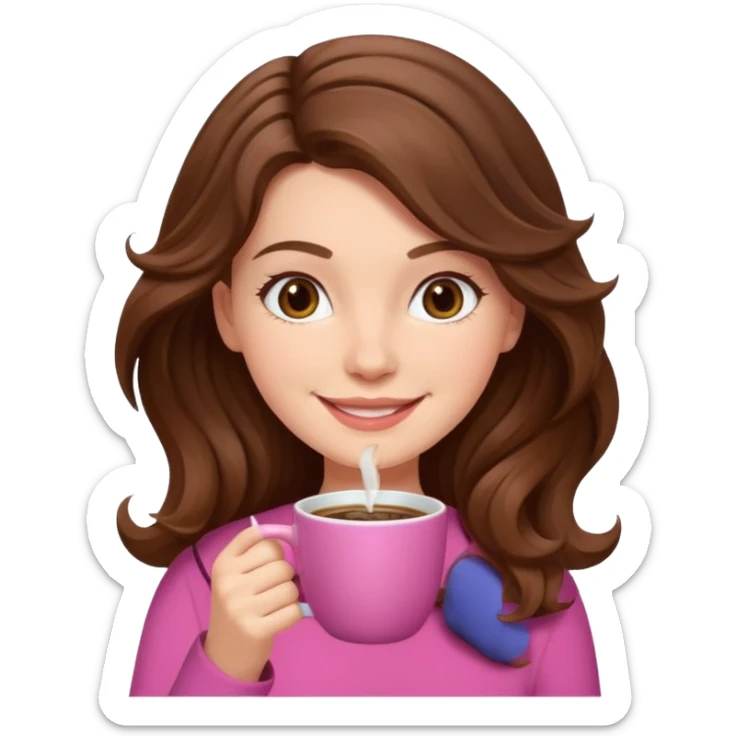 white girl with wavy brown hair drinking coffee from a pink cup emoji sticker