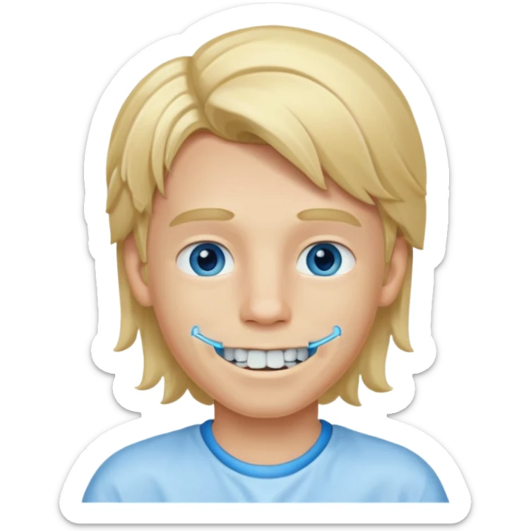 Blond boy with long hair in tail of low blue eyes and dental appliance sticker