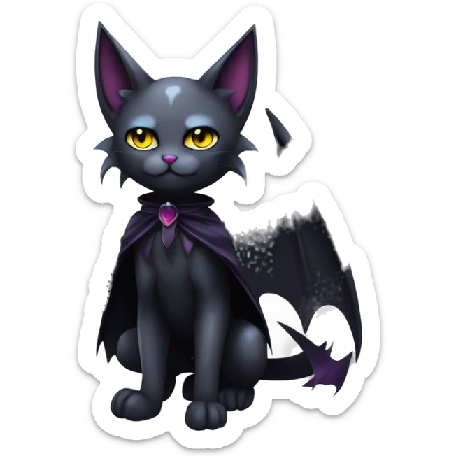   cool edgy beautiful anime-style ethereal dark-punk-themed animal vampiric cat-hybrid Fakemon with fangs and bat-wing-ears with a cape full body sticker
