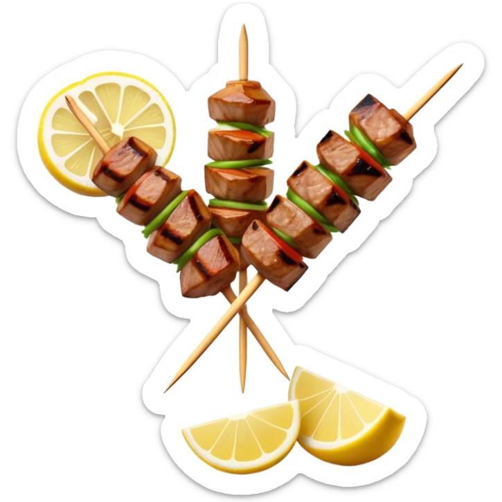 Cinematic Realistic Souvlaki Dish Emoji, showcasing skewered, grilled meat with Mediterranean spices rendered with dynamic textures and warm, appetizing lighting. sticker