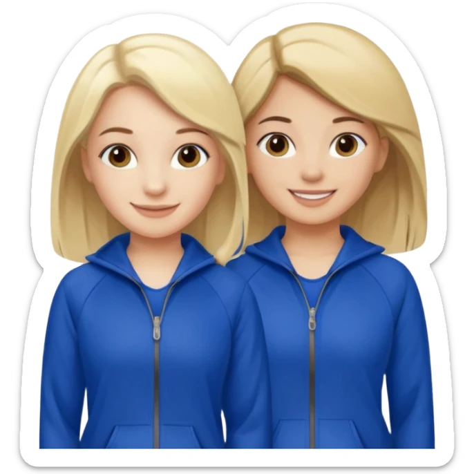 two girls smiling one has blond hair and one is has dark brown hair they are wearing royal blue track suits sticker