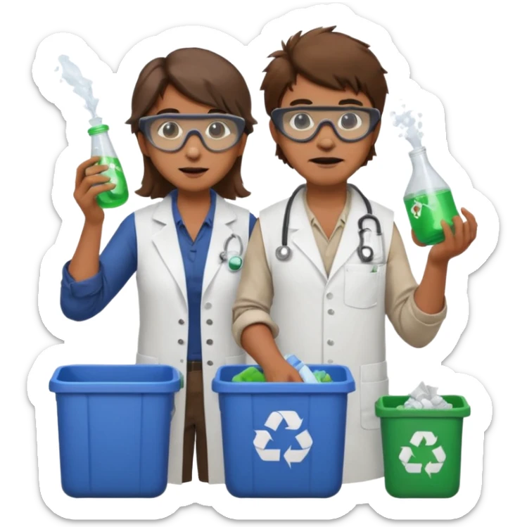 an woman otter disguised as a man picking up trash bins, next to a mad scientist sticker