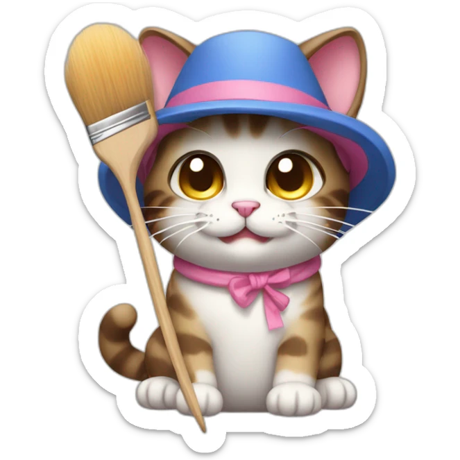 Kawaii cat artist in hat with palette and brush so it can be used as a mouse cursor sticker