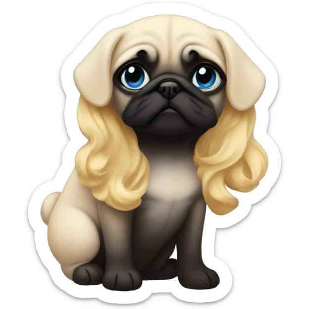 Girl with wavy blonde hair and blue eyes, kissing a black pug sticker