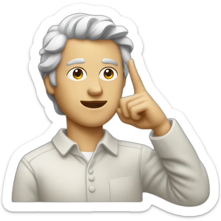 A man with the face of a statue, pointing with his hand to his ear sticker