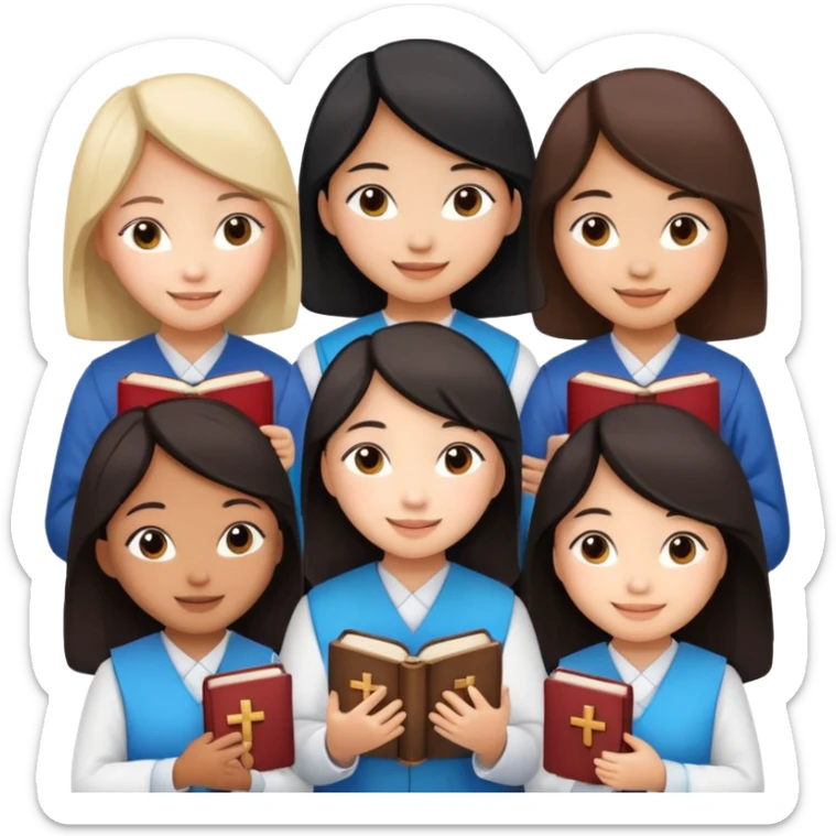 eight asian girls talking to each other holding bibles and crosses sticker