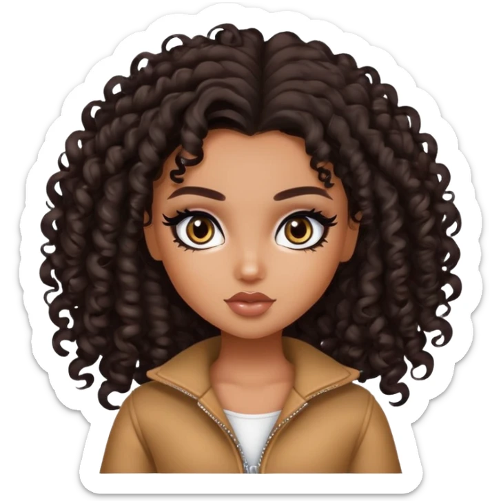 pretty bratz girl, curly dark brown hair, dark brown eyes, black eyeliner, tan skin sticker