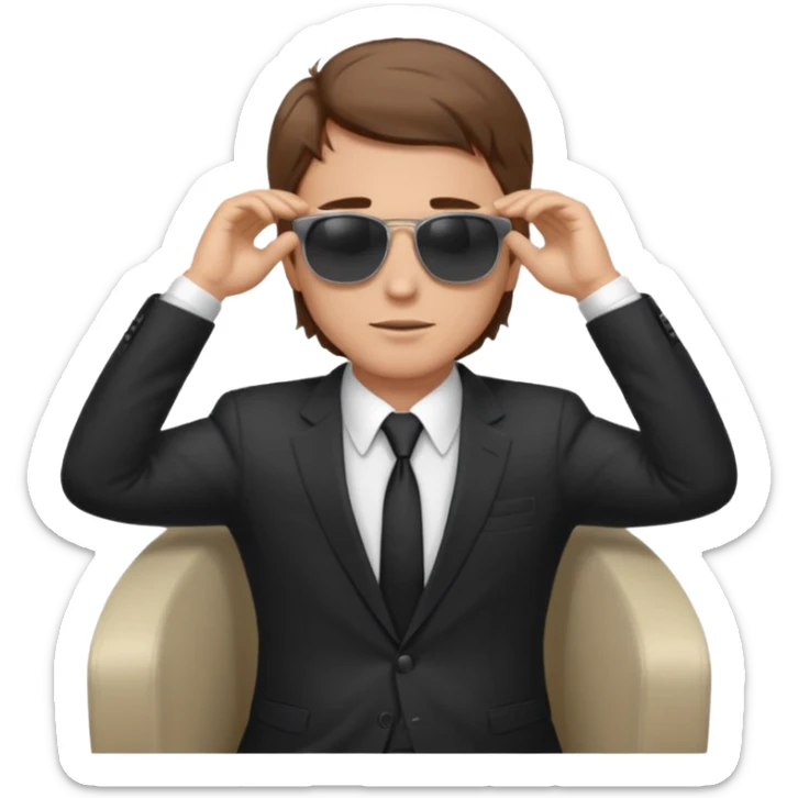 a white man, brown hairs, in formal suit wearing sunglasses resting with hands behind head sticker
