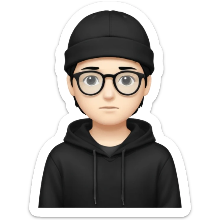 teenage boy (black hair, white skin, black eyes) wearing black glasses (nerd) and hide all his hair under a cap. wearing normal hoodie sticker