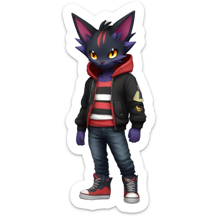 Cool Anthro Black Noibat-Quilava-Litten-Pokémon with edgy stripes hoodie spiked collar punk Full Body sticker