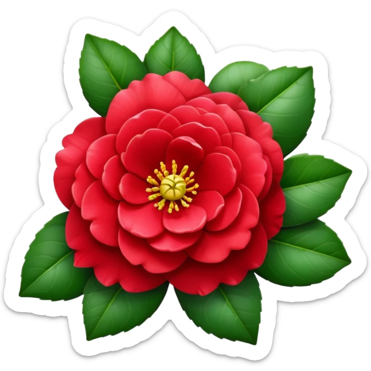 Beautiful red camellia flower with layered petals and glossy green leaves sticker