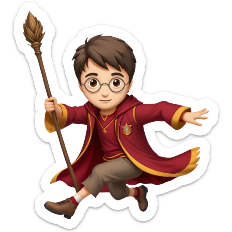 Cartoon-style illustration of Harry Potter flying on a broomstick, Gryffindor red and gold outfit, expressive face, dynamic motion, magical vibe, smooth shading, vibrant colors, no background, transparent background, isolated character. sticker