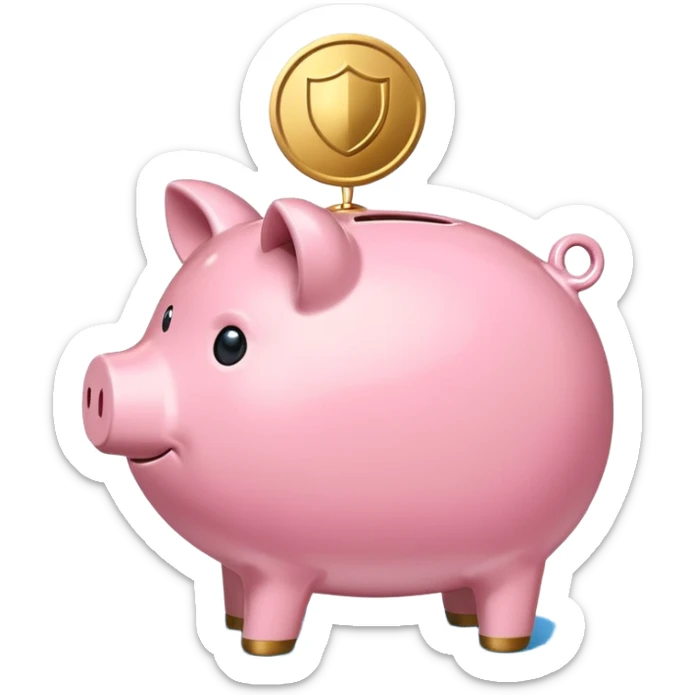 A clean and simple emoji-style icon: A stylized piggy bank with a coin dropping into it from above. Next to or slightly behind the piggy bank, a small shield symbolizing security and protection. Minimal details, rounded shapes, bright flat colors, consistent with standard emoji design. sticker