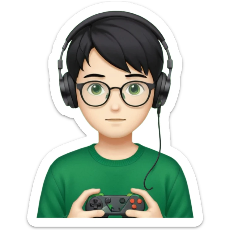 
gamer, Gorgeous green sweater black hair anime style shojo guy glasses, headphone, gamepad sticker