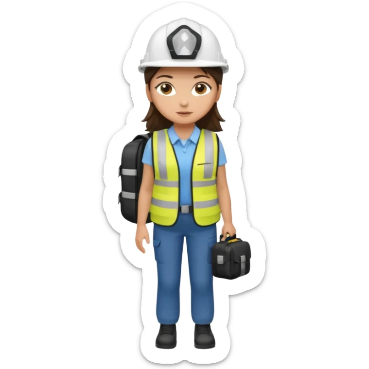 Brunette brown Girl full body standing with her white security helmet and security vest on, also with her black backpack sticker