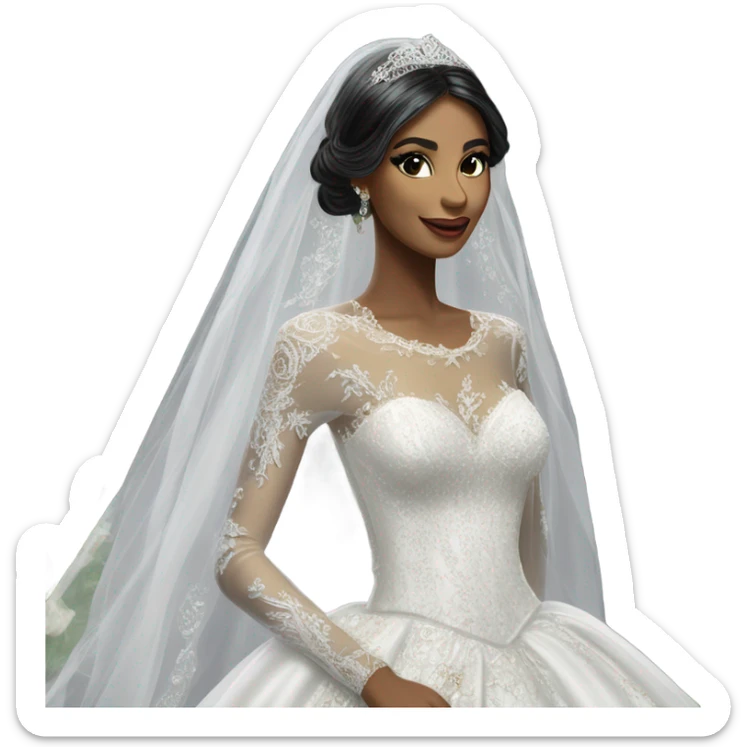 Hyper Realistic ornate ballgown long sleeve Wedding dress with diamanté on bride with green eyes and long black hair with veil sticker