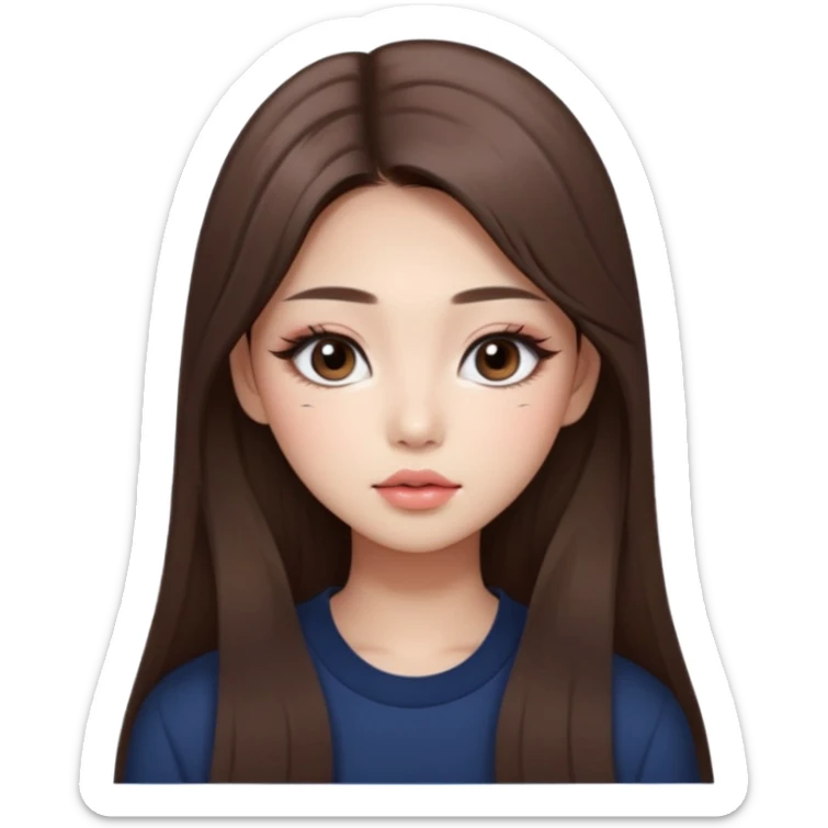 “korean straight long brown hair Emoji girl, soft eyeliner and blush, gradient lips, light brown shimmer eyeshadow sticker
