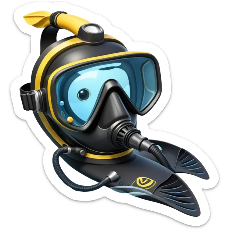 An icon featuring a close-up of a scuba mask, snorkel, and diving fins, with bubbles rising from the gear. The design includes a wetsuit and underwater light rays filtering through the water. Transparent background highlights the essence of diving and underwater exploration. sticker