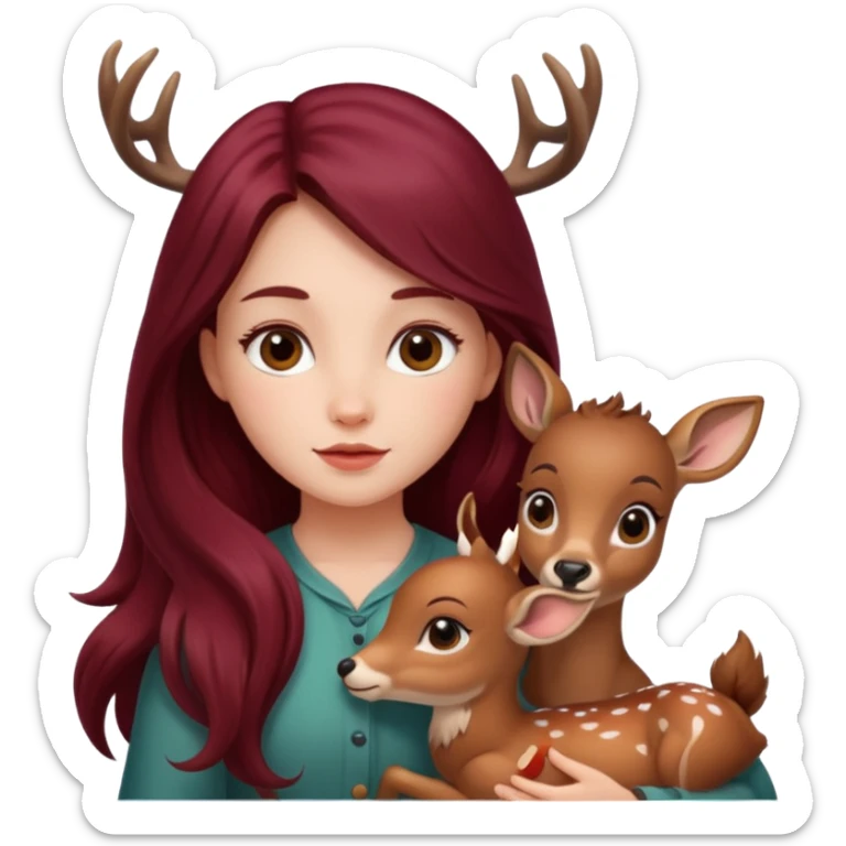 Beautiful burgundy long haired girl and baby deer sticker