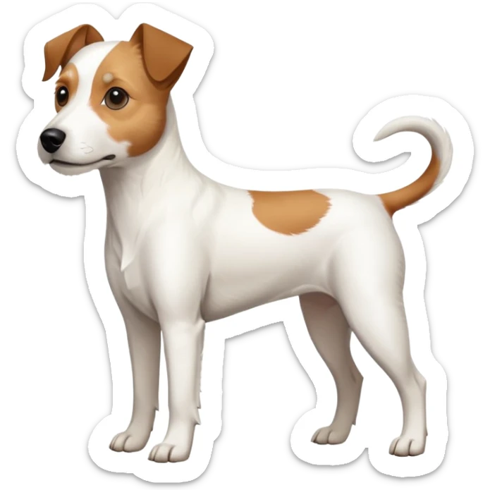 a full body white parson russell looking dog the size of a kelpie with light brown ears and a light brown patch on one eye and a large snout sticker