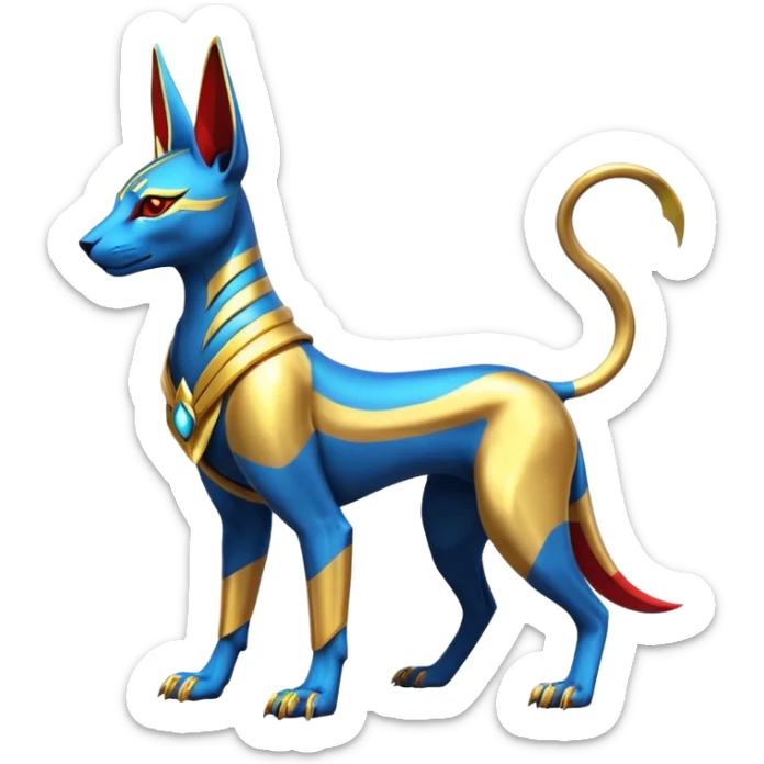 Modern futuristic shiny colorful Anubis-Sphynx-Lombax-Zeraora-Renamon-fusion (full body) sticker
