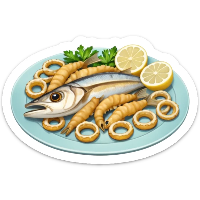 apple style ios emoji cute minimal plate of pescaito frito golden fried anchovies calamari rings small whole fish lemon wedges parsley garnish warm appetizing colors soft shading sticker