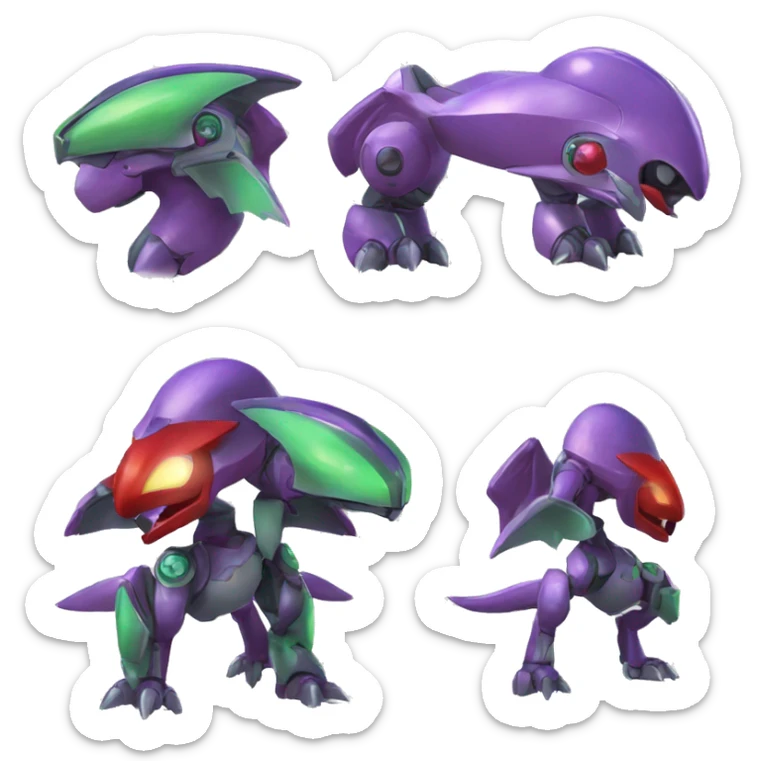 a shiny purple-green-red Genesect-Charizard-Raptor-Fakémon—hybrid with a futuristic visor-helmet full body sticker