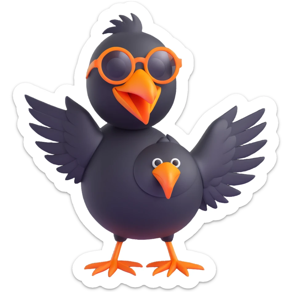 cartoonish 3D emoji of a black bird with a large orange beak and oversized round sunglasses, standing in the same pose as the reference image, with a playful expression sticker