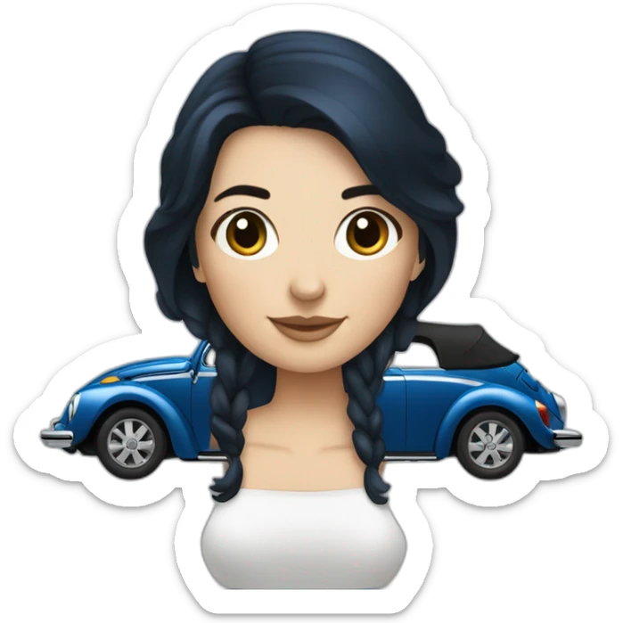 dark blue volkswagen coccinelle convertible with female dark hair driver sticker