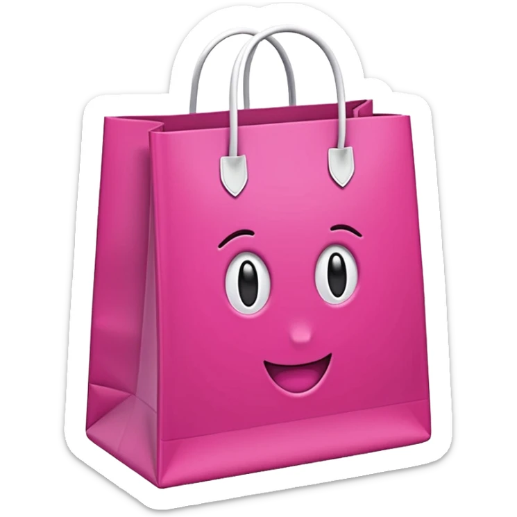 Bolsa de papel rosa fucsia con asas blancas, patrón repetido 'DRUNI' en rosa claro y un 'DRUNI' vertical blanco en el centro, estilo emoji iOS, brillante y realista. sticker