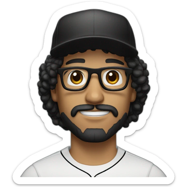Latino man with long curly hair wearing black glasses brown eye and black baseball hat short black beard and mustache sticker