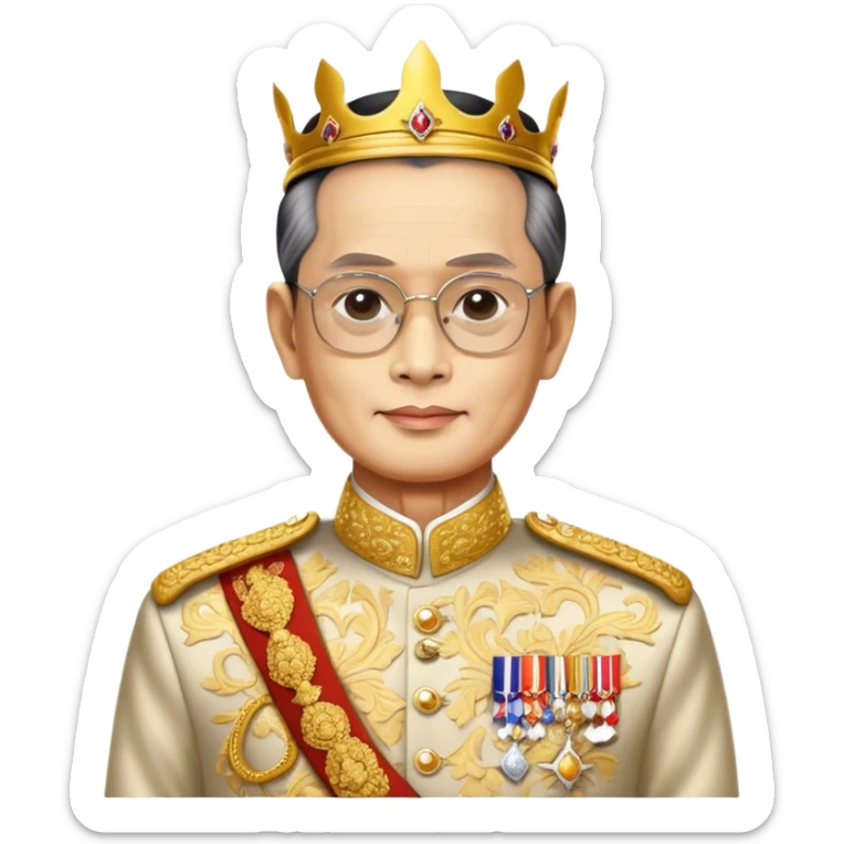 Cinematic Realistic King Bhumibol Adulyadej Portrait Emoji, depicted as a revered Thai monarch with a dignified expression and traditional royal attire, rendered with lifelike textures and soft regal lighting that captures his lasting legacy. sticker