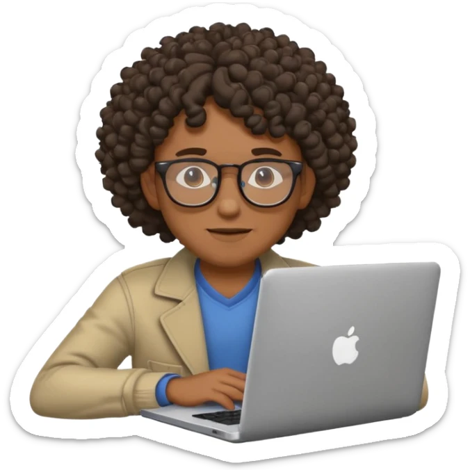 Black man with curly hair and glasses sitting with a laptop in front, emoji style sticker
