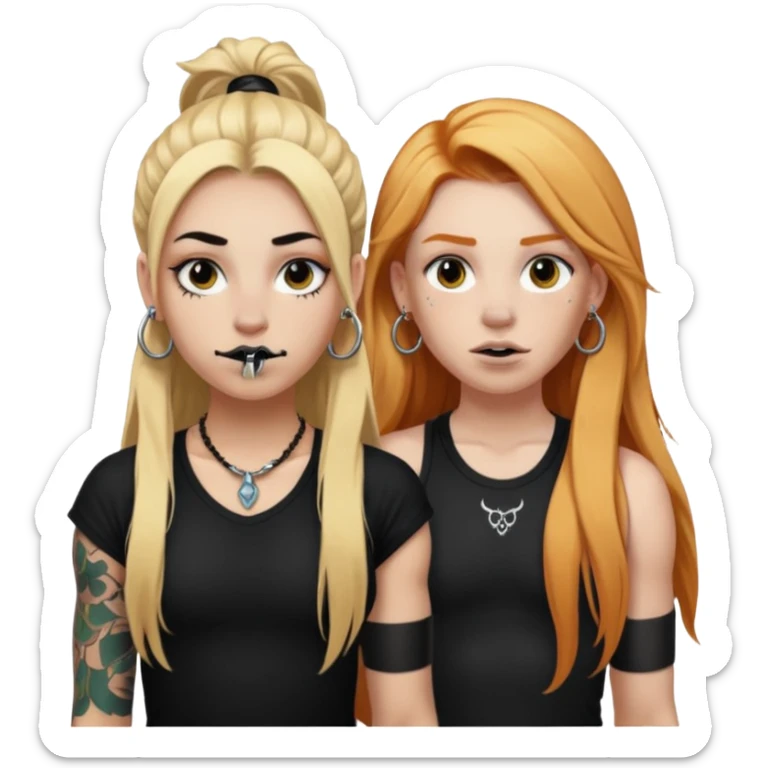girl with long blonde hair, black tattoos and a septum piercing next to an athletic ginger girl a septum piercing sticker
