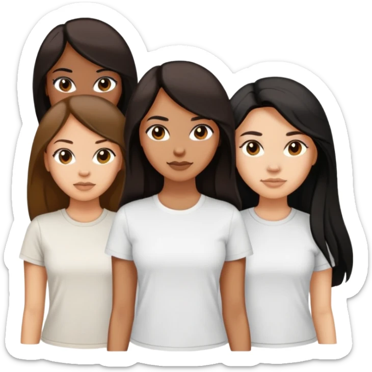 Three women, light skin with dark brown long hair, tan skin black long hair, and tan skin dark brown short hair, white tee sticker
