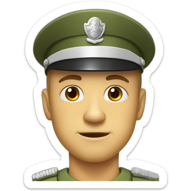 Fait moi un personnage Grand, mince, musclé, comme Papa, chauve, les yeux verts, nez, fin, habillé en militaire, non en pompier sticker