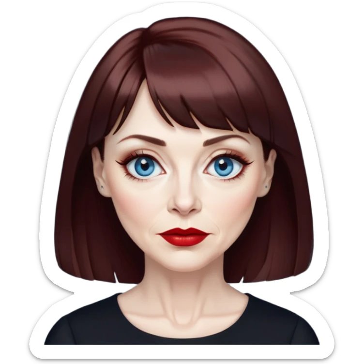 Artistic woman in her late 50s with pale skin, wider face, visible age lines around eyes and mouth, blue eyes with eyeliner, thin eyebrows, red lipstick, dark auburn hair with bangs styled more conservatively, wearing a black top sticker
