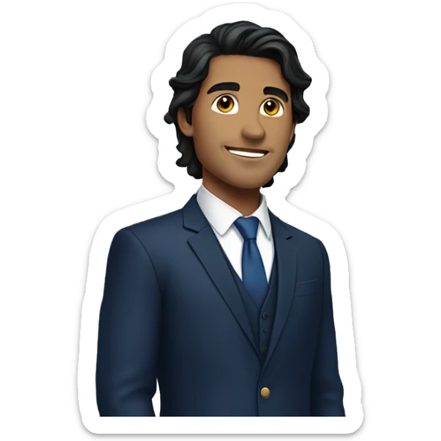 Handsome male, black hair, wearing dark blue suits, Background with buildings sticker