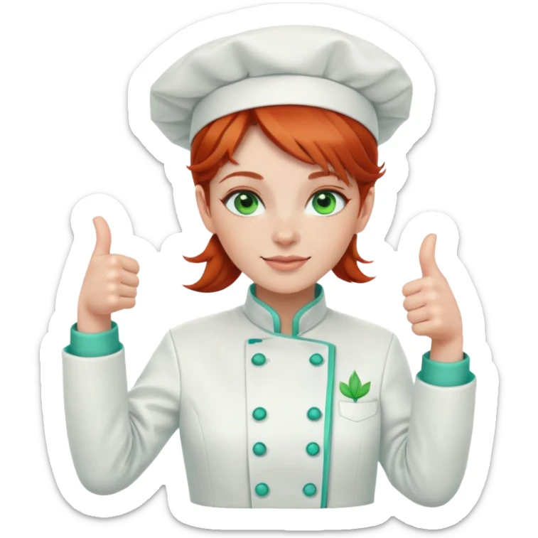 Redhead girl Chef with green eyes wearing a white jacket with aqua trim, giving a thumbs up sticker