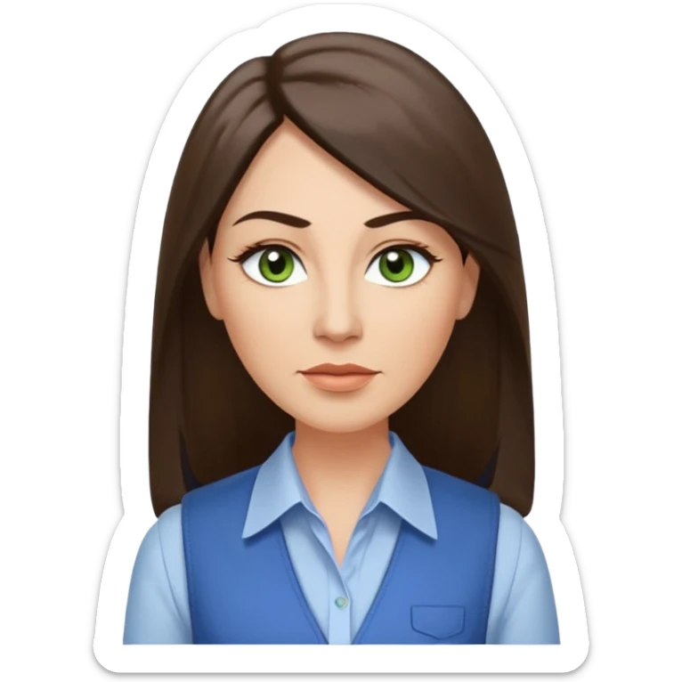43 year old Adult woman avatar, light skin tone, long, oval face, long straight ashy brown hair, green almond-shaped eyes with dramatic eyelashes and minimal eyeliner, neutral mouth, medium straight eyebrows, average nose, smooth skin,  white collared button down shirt, blue vest sticker