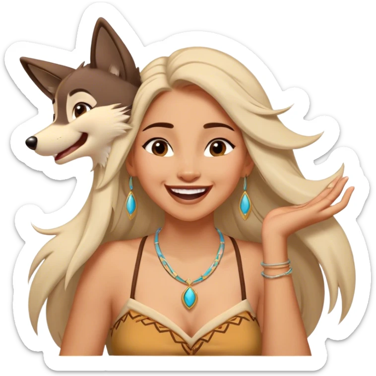 Cinematic Adorable Pocahontas Portrait Emoji, Laughing softly as Meeko tugs at her necklace, hair tousled in the wind, eyes full of warmth, a carefree spirit shining through, capturing the essence of beauty and playfulness! sticker