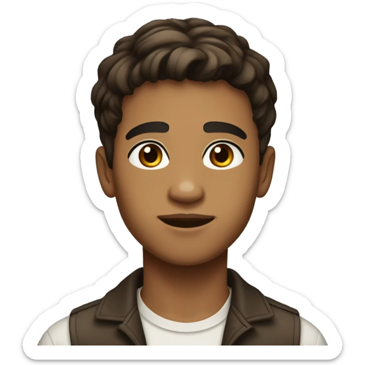 Light brown skinned boy in early 20s with dark brown short to mid length hair with a middle path hairstyle just off set to the left. Light brown eyes. sticker