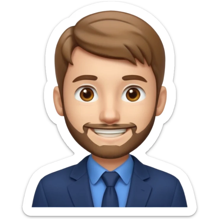 Emoji 3D estilo Apple de um jovem com pele clara, cabelo castanho claro, olhos castanho escuro, barba rala, sorrindo, de blazer elegante e brinco prateado. sticker