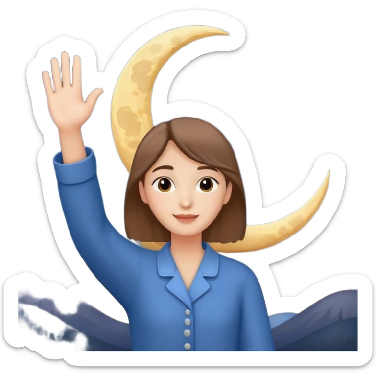 a person waving and saying good night, moon and stars in background, peaceful and warm sticker