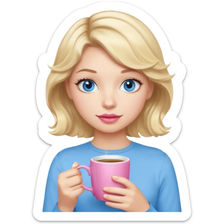 Girl Blonde short wavy hair,  blue eyes, cute blue top, long lashes, pink lips, holding hot white coffee mug sticker