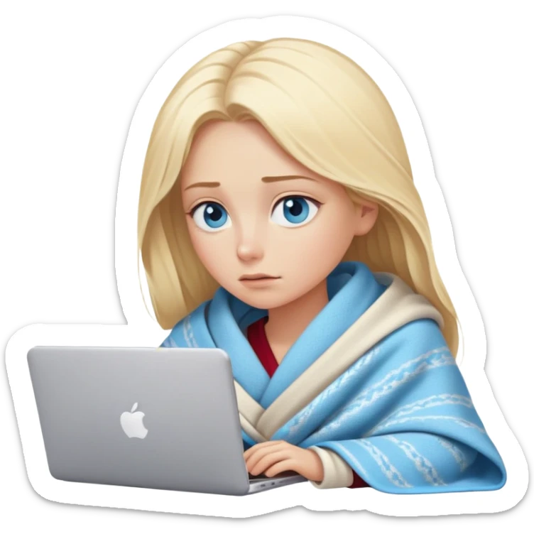 blonde woman with blue eyes and blonde hair Wrapped in a blanket looking at a computer with eyes half shut sticker